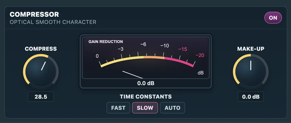 Real Mastering Suite optical smooth compressor with gain reduction meter, compress and make-up controls