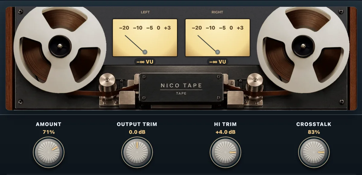 Real Nico Tape module in Mastering Suite with tape reels, stereo VU meters and analog-style controls